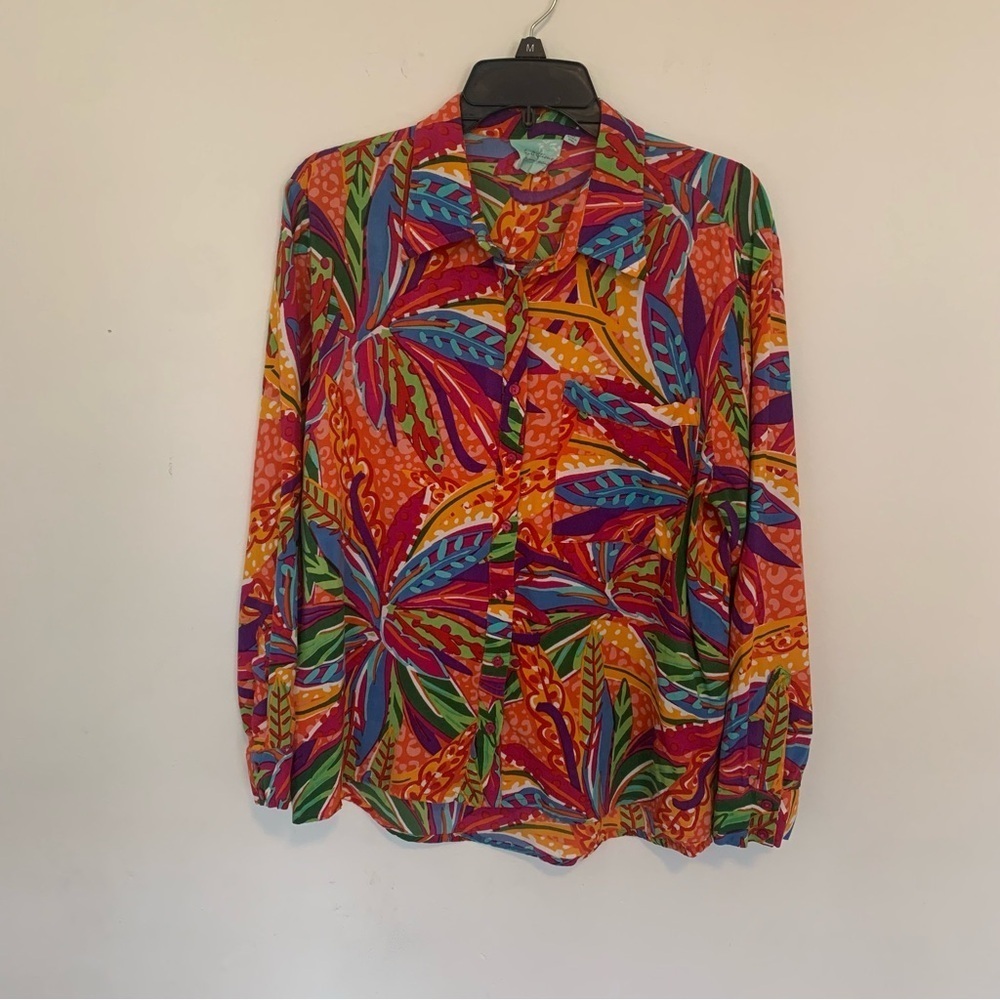 Women’s True Destinations Bright Tropical Print Vacation Resort‎ Wear Shirt Med